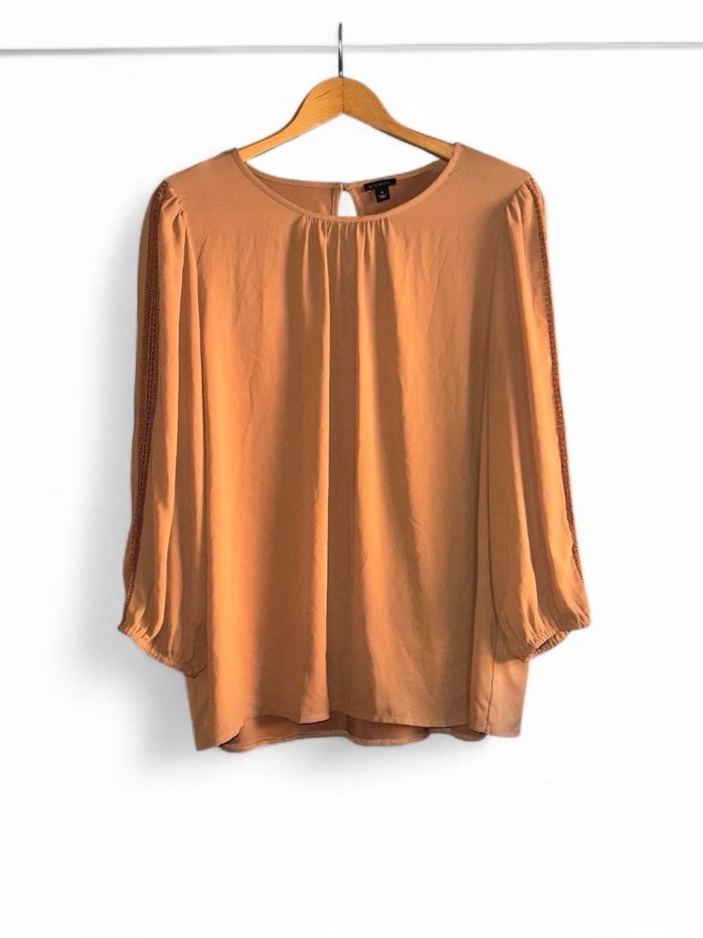 Ann Taylor Blouse Crochet Tan Mustard Ochre Womens XL Extra Large Woven Knit Mix